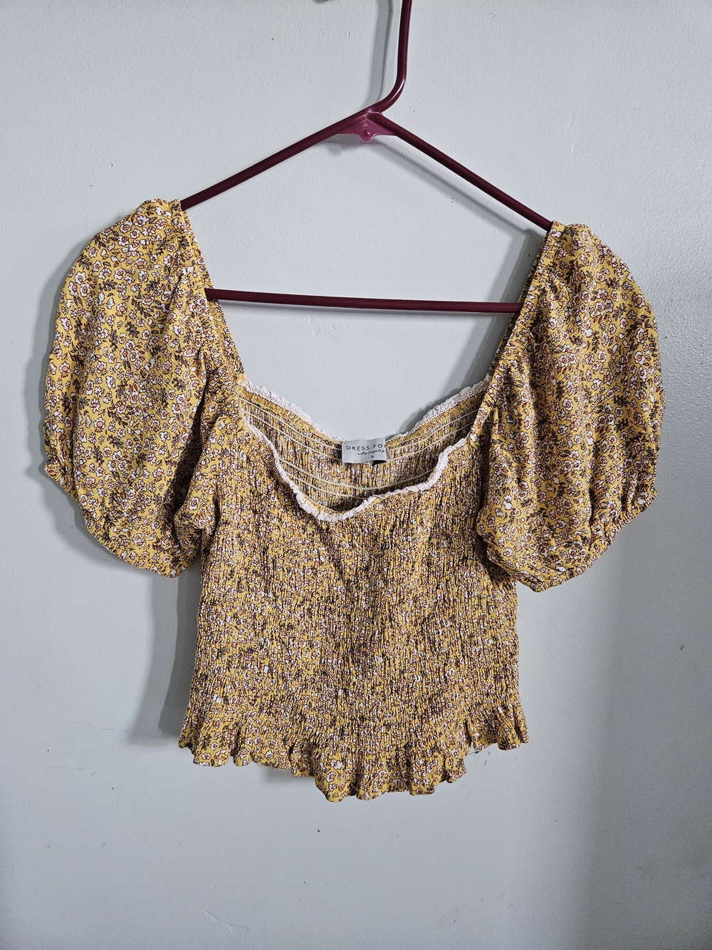Dress Forum Mustard Floral Smocked Puff-Sleeve Crop Top